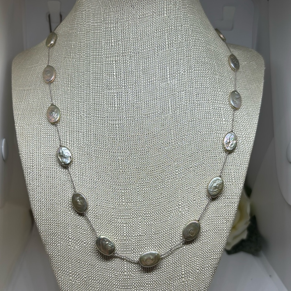 8x14mm oval grey color coin pearl tin cup necklace. Made on grey Griffin cord